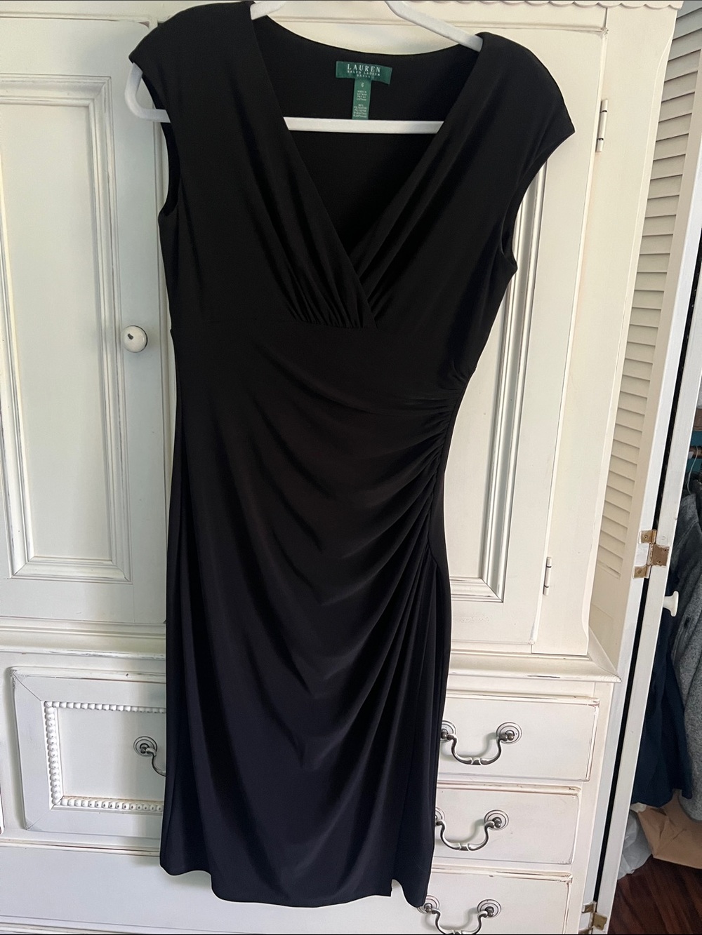 Lauren Ralph Lauren Black V-Neck Faux-Wrap Cap Sleeve Midi Dress